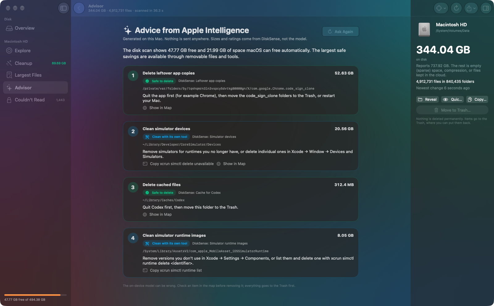 The Advisor listing four clean-up actions with sizes, safety ratings and instructions