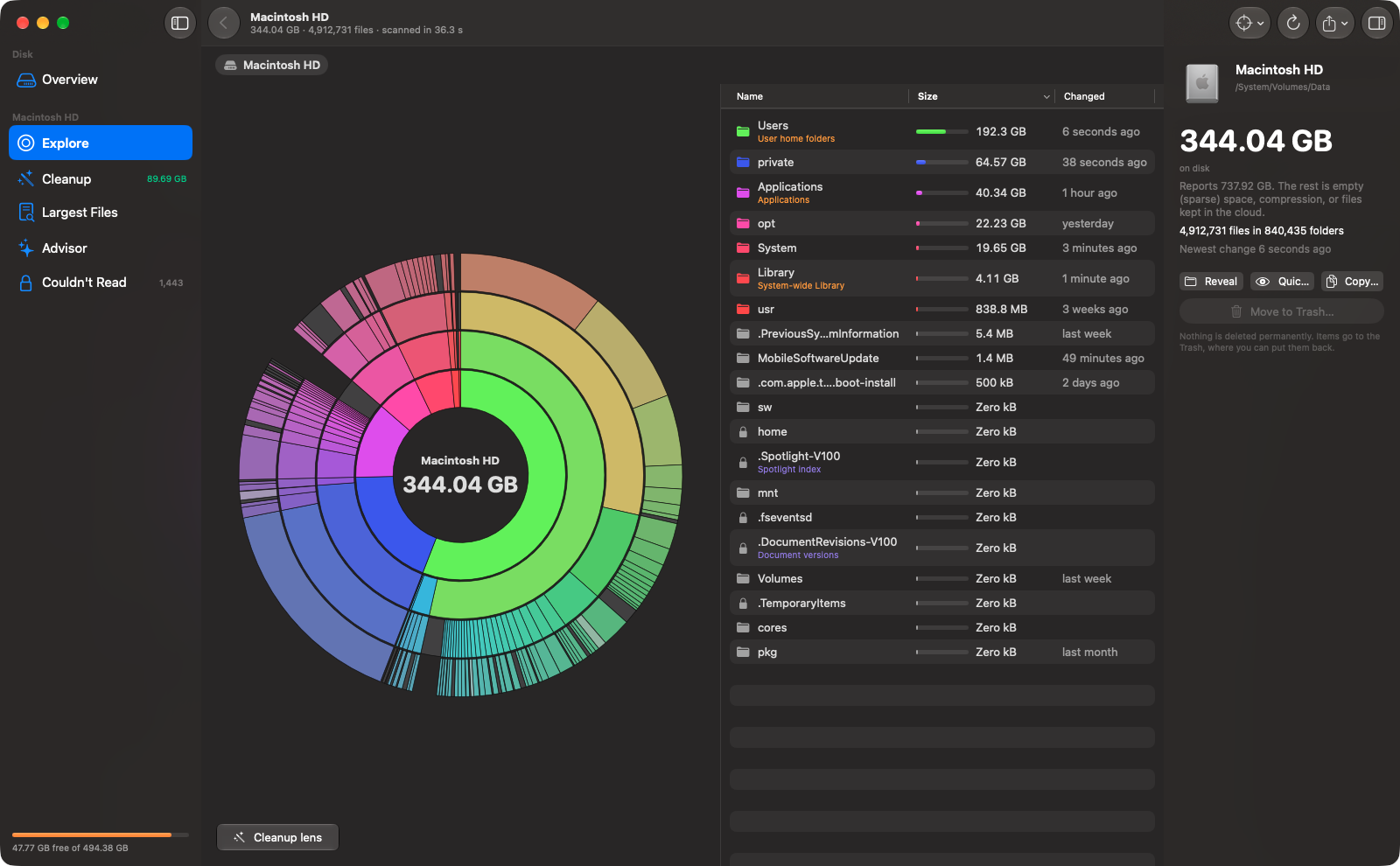 DiskSense showing a ring map of a Mac’s startup disk next to a sorted list of its largest folders